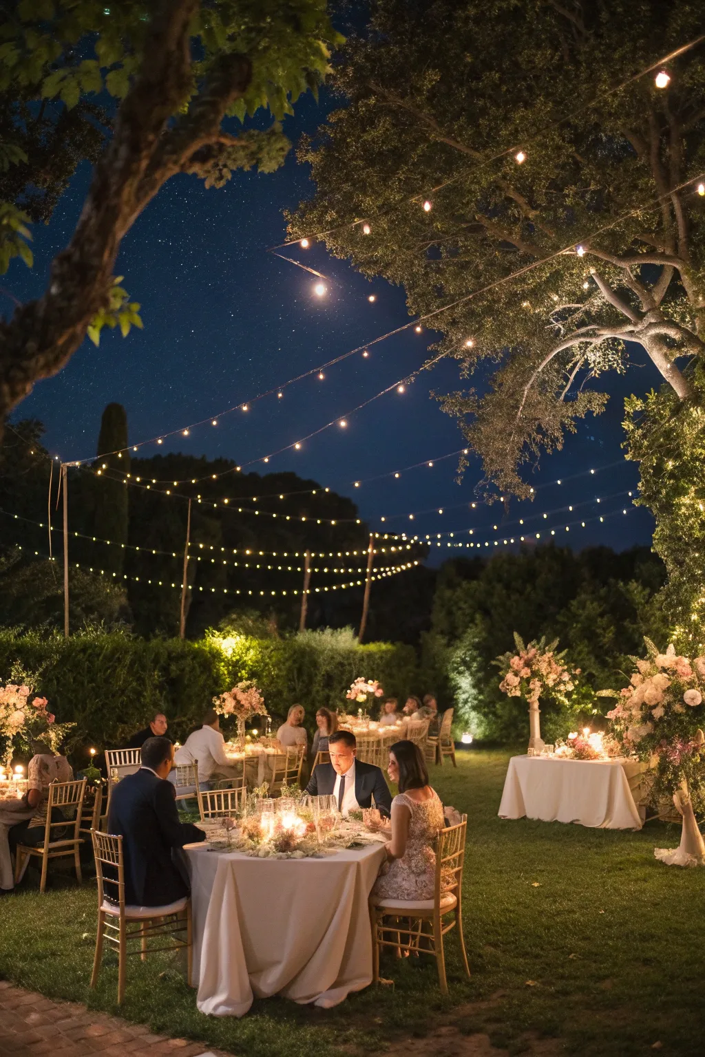 An evening garden wedding reception at an independent venue — candlelit tables under string lights